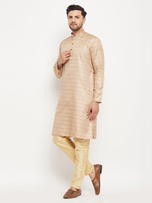 Vastramay Men's Beige Matka Silk Kurta and Gold Pant Style Pyjama Set